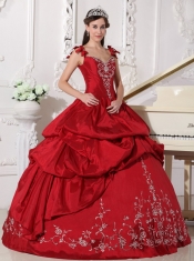 Wine Red Ball Gown Straps Floor-length Taffeta Embroidery Sweet 16 Dress