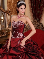 Wine Red Ball Gown Sweetheart Floor-length Taffeta Appliques Quinceanera Dress