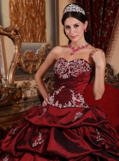 Wine Red Ball Gown Sweetheart Floor-length Taffeta Appliques Quinceanera Dress