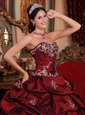 Wine Red Ball Gown Sweetheart Floor-length Taffeta Appliques Quinceanera Dress