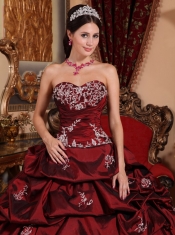 Wine Red Ball Gown Sweetheart Floor-length Taffeta Appliques Quinceanera Dress