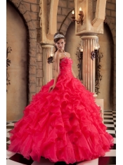 Wonderful Ball Gown Sweetheart Floor-length Ruffles Organza Coral Red Quinceanera Dress