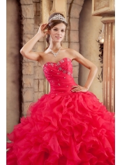 Wonderful Ball Gown Sweetheart Floor-length Ruffles Organza Coral Red Quinceanera Dress
