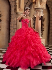Wonderful Ball Gown Sweetheart Floor-length Ruffles Organza Coral Red Quinceanera Dress