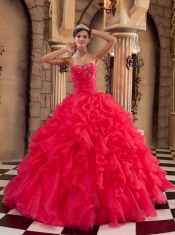 Wonderful Ball Gown Sweetheart Floor-length Ruffles Organza Coral Red Quinceanera Dress