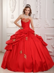 Wonderful Ball Gown Sweetheart Floor-length Taffeta Appliques Red Quinceanera Dress