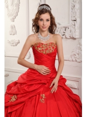 Wonderful Ball Gown Sweetheart Floor-length Taffeta Appliques Red Quinceanera Dress