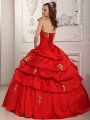 Wonderful Ball Gown Sweetheart Floor-length Taffeta Appliques Red Quinceanera Dress