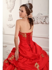 Wonderful Ball Gown Sweetheart Floor-length Taffeta Appliques Red Quinceanera Dress