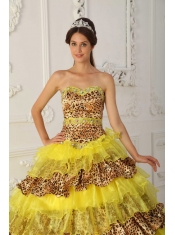 Yellow A-Line / Princess Strapless Sweep /Brush Train Leopard and Organza Ruffles Quinceanera Dress