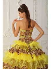 Yellow A-Line / Princess Strapless Sweep /Brush Train Leopard and Organza Ruffles Quinceanera Dress