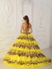 Yellow A-Line / Princess Strapless Sweep /Brush Train Leopard and Organza Ruffles Quinceanera Dress