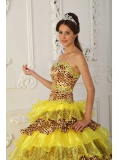 Yellow A-Line / Princess Strapless Sweep /Brush Train Leopard and Organza Ruffles Quinceanera Dress