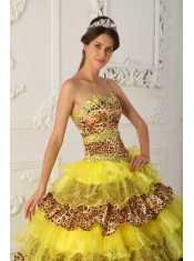 Yellow A-Line / Princess Strapless Sweep /Brush Train Leopard and Organza Ruffles Quinceanera Dress