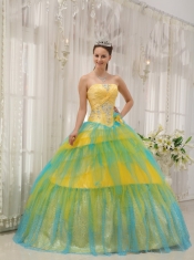 Yellow and Blue Ball Gown Strapless Floor-length Tulle Beading and Ruch Quinceanera Dress