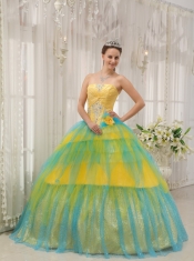 Yellow and Blue Ball Gown Strapless Floor-length Tulle Beading and Ruch Quinceanera Dress