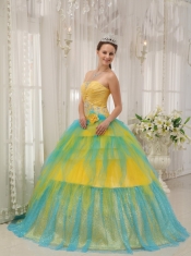 Yellow and Blue Ball Gown Strapless Floor-length Tulle Beading and Ruch Quinceanera Dress