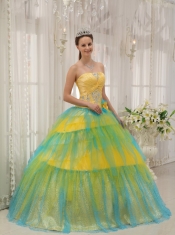 Yellow and Blue Ball Gown Strapless Floor-length Tulle Beading and Ruch Quinceanera Dress