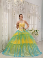Yellow and Blue Ball Gown Strapless Floor-length Tulle Beading and Ruch Quinceanera Dress