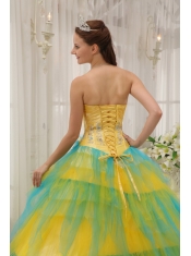 Yellow and Blue Ball Gown Strapless Floor-length Tulle Beading and Ruch Quinceanera Dress