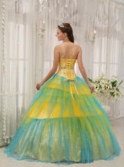 Yellow and Blue Ball Gown Strapless Floor-length Tulle Beading and Ruch Quinceanera Dress
