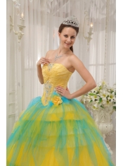 Yellow and Blue Ball Gown Strapless Floor-length Tulle Beading and Ruch Quinceanera Dress