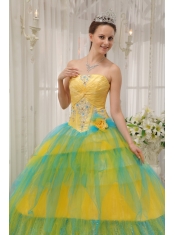 Yellow and Blue Ball Gown Strapless Floor-length Tulle Beading and Ruch Quinceanera Dress