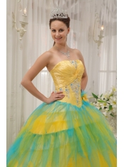Yellow and Blue Ball Gown Strapless Floor-length Tulle Beading and Ruch Quinceanera Dress