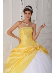 Yellow and White Ball Gown Strapless Floor-length Organza and Taffeta Appliques and Hand  Made Flower Quinceanera Dress