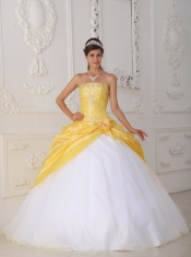 Yellow and White Ball Gown Strapless Floor-length Organza and Taffeta Appliques and Hand Made Flower Quinceanera Dress
