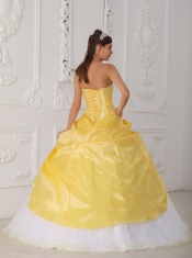 Yellow and White Ball Gown Strapless Floor-length Organza and Taffeta Appliques and Hand  Made Flower Quinceanera Dress