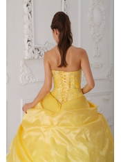 Yellow and White Ball Gown Strapless Floor-length Organza and Taffeta Appliques and Hand  Made Flower Quinceanera Dress