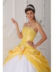 Yellow and White Ball Gown Strapless Floor-length Organza and Taffeta Appliques and Hand  Made Flower Quinceanera Dress