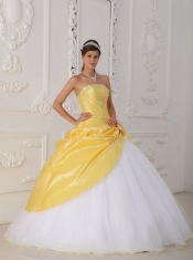 Yellow and White Ball Gown Strapless Floor-length Organza and Taffeta Appliques and Hand  Made Flower Quinceanera Dress