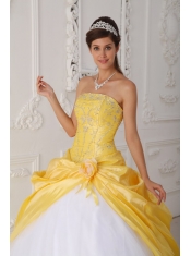 Yellow and White Ball Gown Strapless Floor-length Organza and Taffeta Appliques and Hand  Made Flower Quinceanera Dress