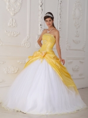 Yellow and White Ball Gown Strapless Floor-length Organza and Taffeta Appliques and Hand  Made Flower Quinceanera Dress