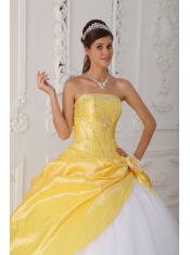 Yellow and White Ball Gown Strapless Floor-length Organza and Taffeta Appliques and Hand  Made Flower Quinceanera Dress
