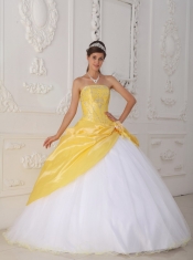 Yellow and White Ball Gown Strapless Floor-length Organza and Taffeta Appliques and Hand  Made Flower Quinceanera Dress