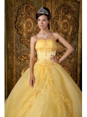 Yellow Ball Gown Strapless Floor-length Appliques Organza Quinceanera Dress