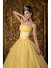 Yellow Ball Gown Strapless Floor-length Appliques Organza Quinceanera Dress