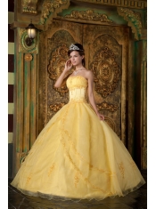 Yellow Ball Gown Strapless Floor-length Appliques Organza Quinceanera Dress Yellow Ball Gown Strapless Floor-length Appliques Organza Quinceanera Dress