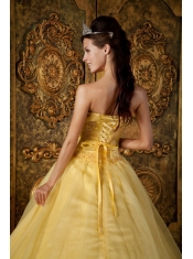 Yellow Ball Gown Strapless Floor-length Appliques Organza Quinceanera Dress