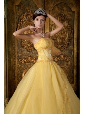 Yellow Ball Gown Strapless Floor-length Appliques Organza Quinceanera Dress
