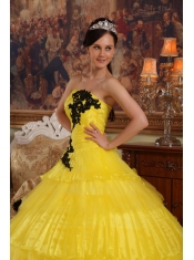 Yellow Ball Gown Strapless Floor-length Organza Appliques Quinceanera Dress