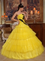 Yellow Ball Gown Strapless Floor-length Organza Appliques Quinceanera Dress