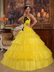 Yellow Ball Gown Strapless Floor-length Organza Appliques Quinceanera Dress