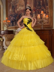 Yellow Ball Gown Strapless Floor-length Organza Appliques Quinceanera Dress