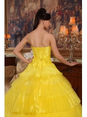 Yellow Ball Gown Strapless Floor-length Organza Appliques Quinceanera Dress