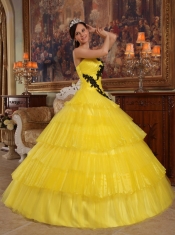 Yellow Ball Gown Strapless Floor-length Organza Appliques Quinceanera Dress