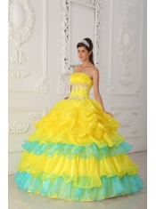 Yellow Ball Gown Strapless Floor-length Organza Beading and Ruffles Quinceanera Dress